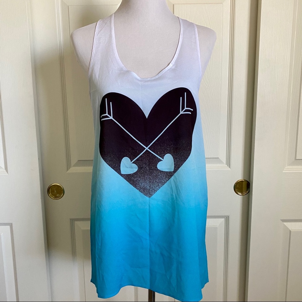 Stranded Sz L White Turquoise Ombre Heart Arrow Graphic Racerback Tunic Tank Top